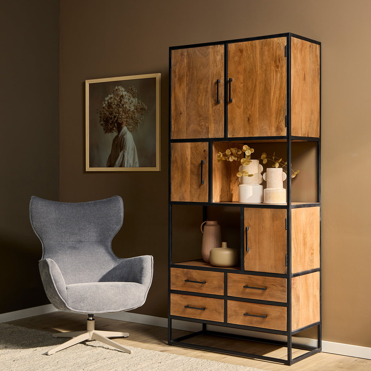 Vakkenkast Denver | Mangohout en staal | 90 cm